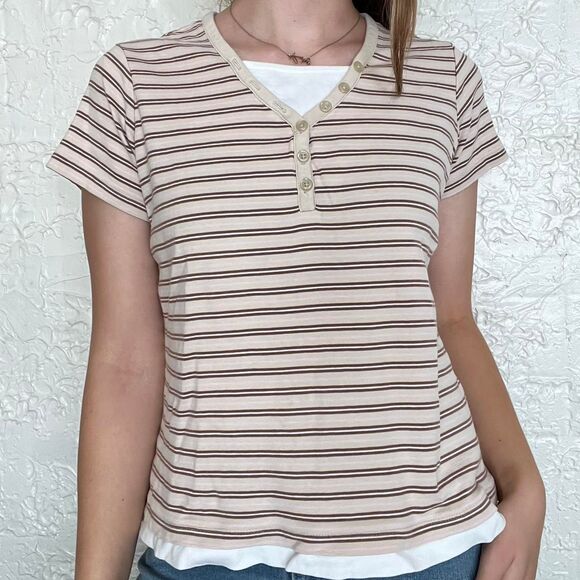 Basic Editions T-Short Women's L Striped Button Up V Neck - Picture 1 of 4